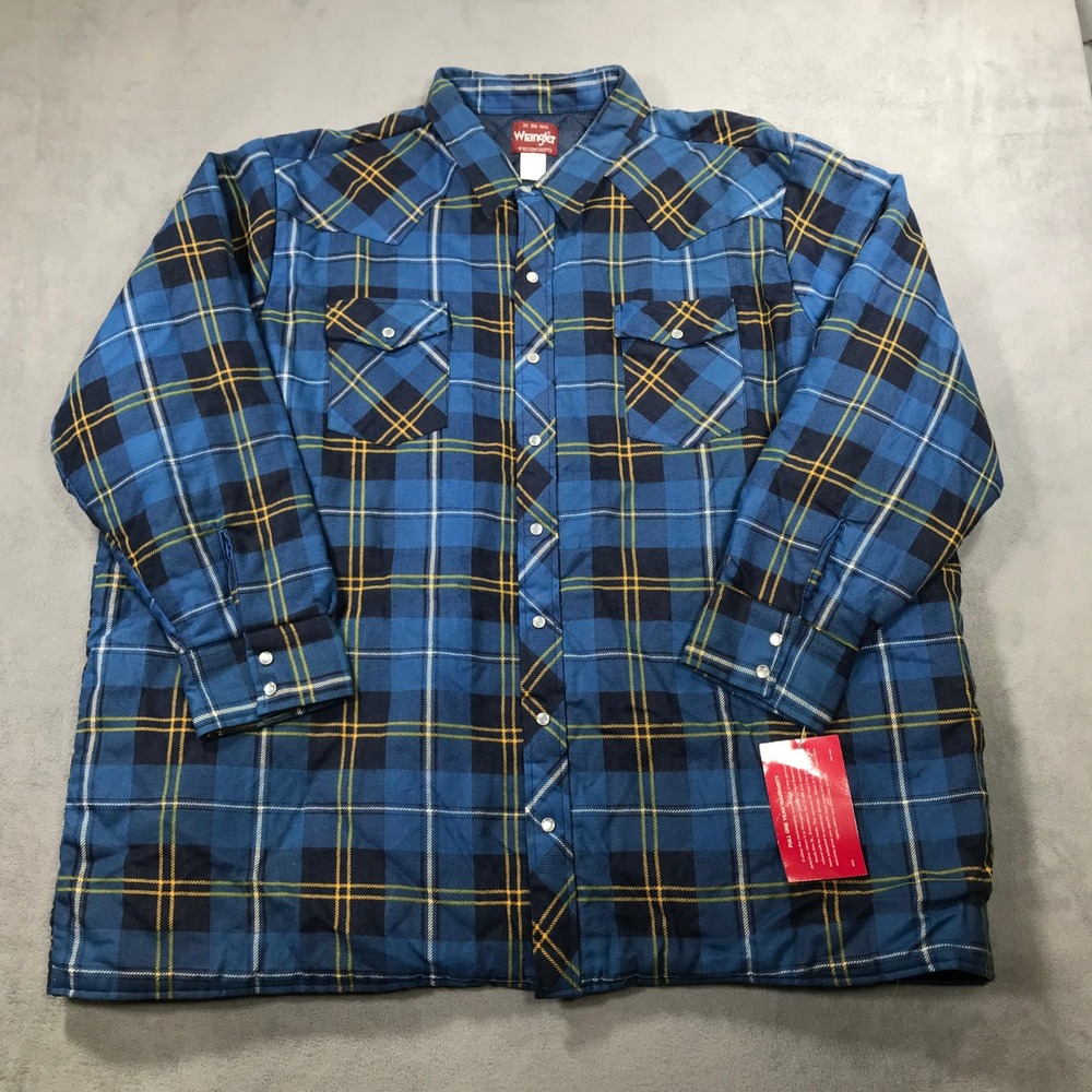 Wrangler Quilted Lined Flannel Shirt Jacket Mens 3XL Blue Plaid Western Shacket